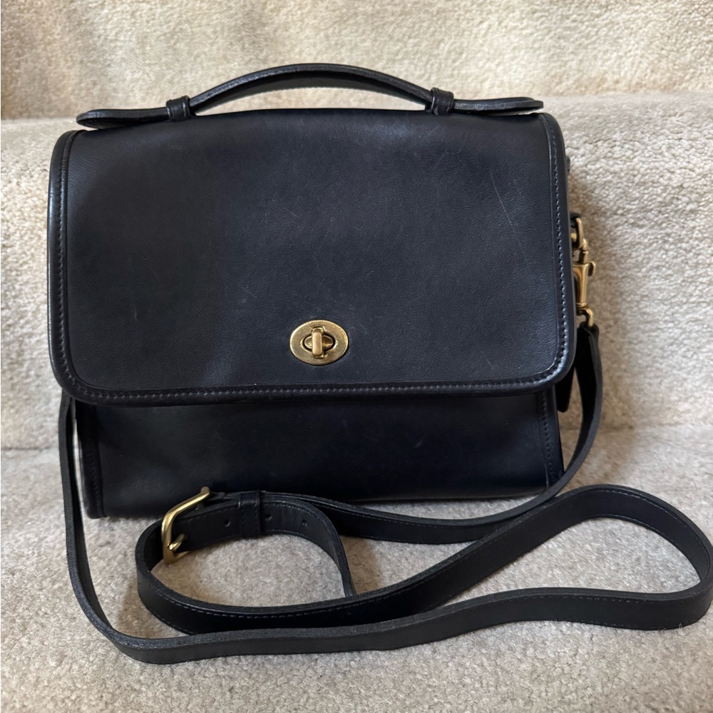 OG Vintage 90's COACH black leather court crossbody top handle turn lock bag
